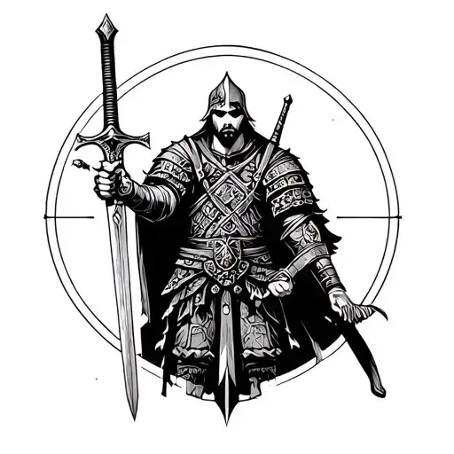 Tattoo Design With Warrior Who Holds A Sword In Hand In Hand
