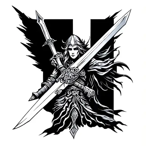 Tattoo Design With Warrior Who Holds A Sword In Hand In Hand
