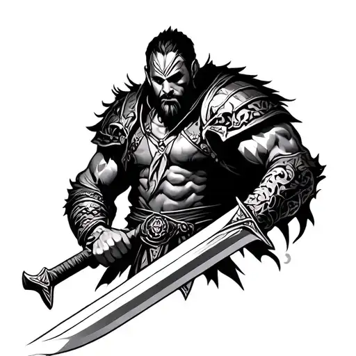 Tattoo Design With Warrior Who Holds A Sword In Hand In Hand