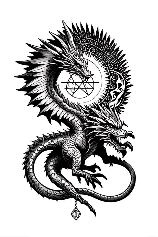 Dragon On Calf With Pentagram Hanging From Wings And A Moon And Sun Background