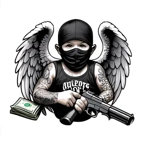 Tattooed Gangster Baby Angel With Ski Mask Holding A Gun And A Bag Of Money