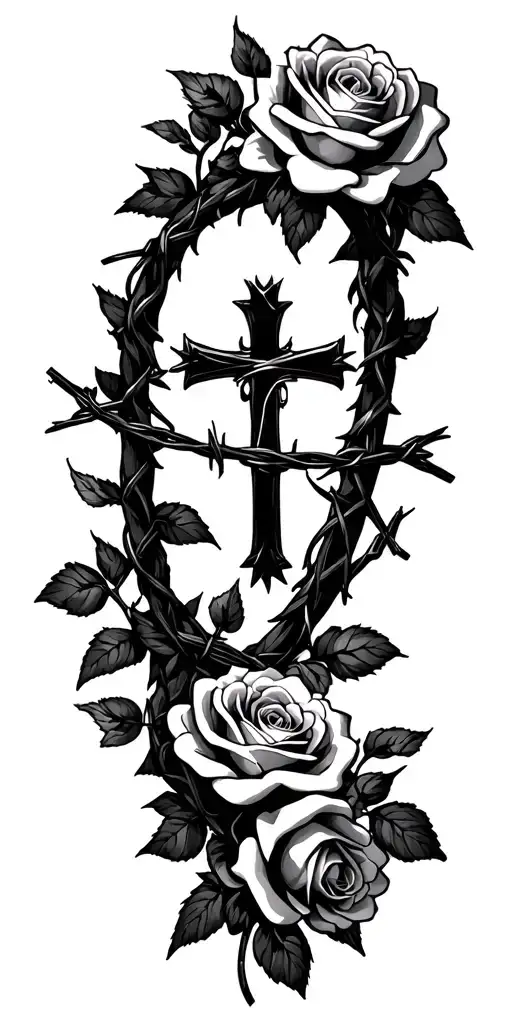 Barbed Wire With Roses And Cross