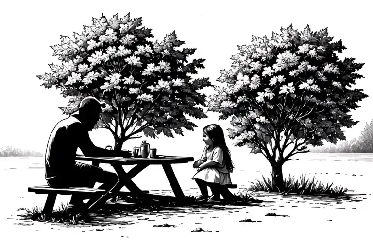 Man And Little Girl Picnic Table Maple Tree