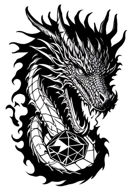 Dragon Head Breathing Fire Holding A Icosahedron In It's Mouth