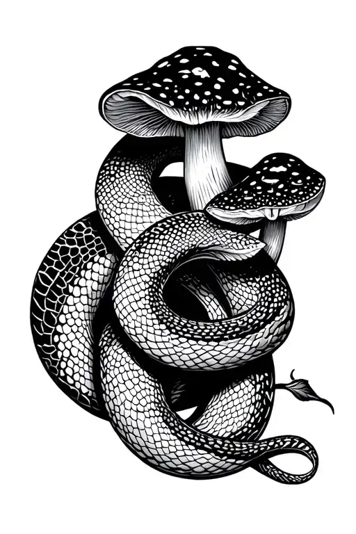 Snake With Mushrooms Growing Out Of Snake Intertwined