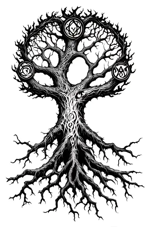 Yggdrasil With 3 Long Roots Reatching For The Nine Realms