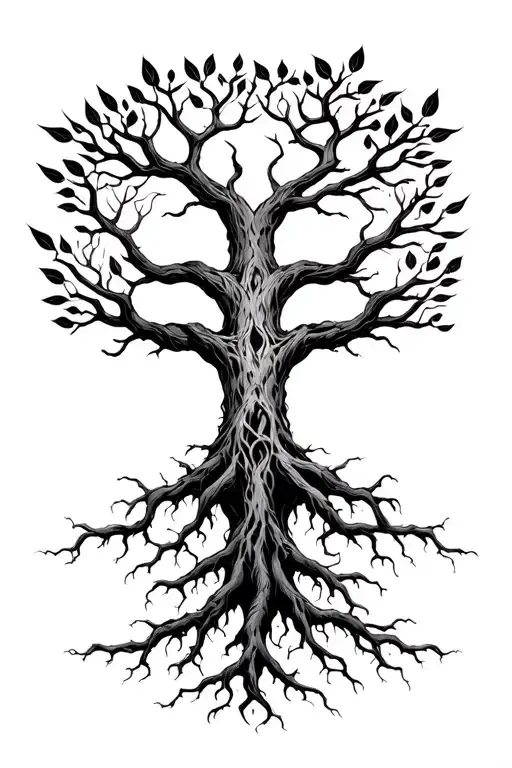 Yggdrasil With 3 Long Roots Reaching For Te Nines Realms And Have Alot Of Leafs Iin The Crown