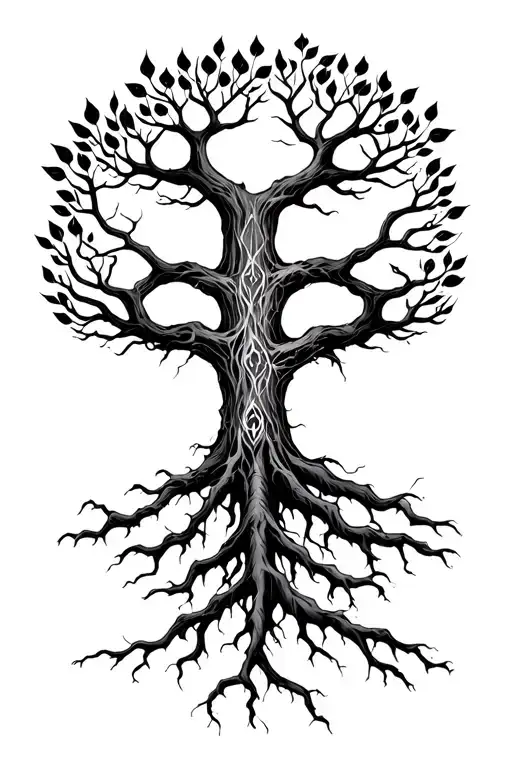 Yggdrasil With 3 Long Roots Reaching For Te Nines Realms And Have Alot Of Leafs Iin The Crown
