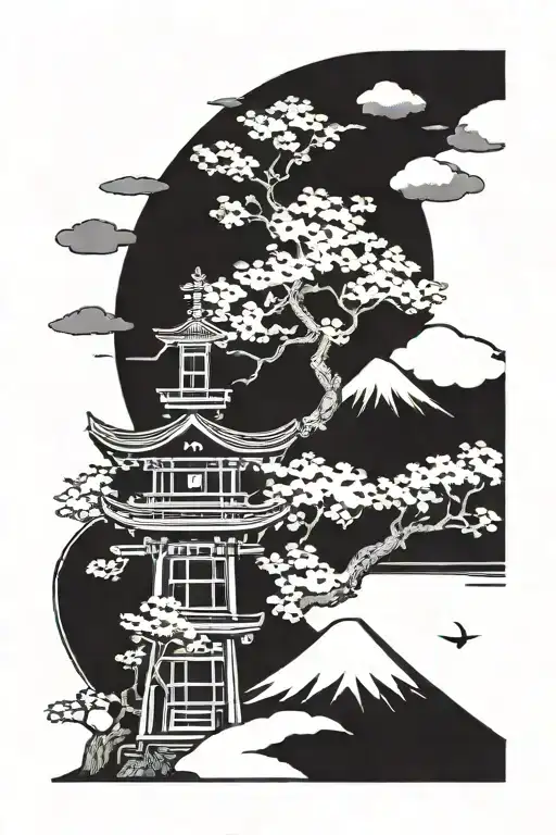 A Blackwork Tattoo Featuring A Sakura Tree With A Torii Gate And Mount Fuji In The Background