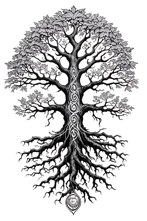 Yggdrasil With 3 Long Roots Reaching For The Nine Realms With Alot Of Leafs