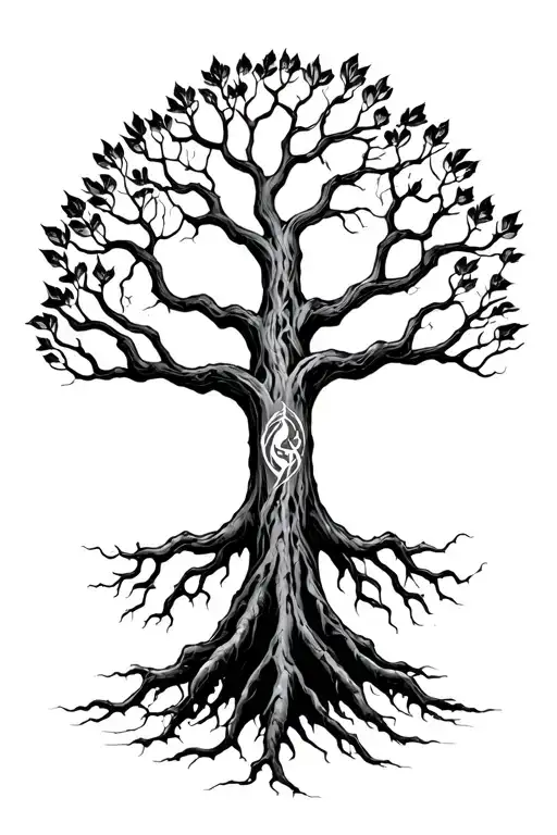 Yggdrasil With 3 Long Roots Reaching For The Nine Realms With Alot Of Leafs