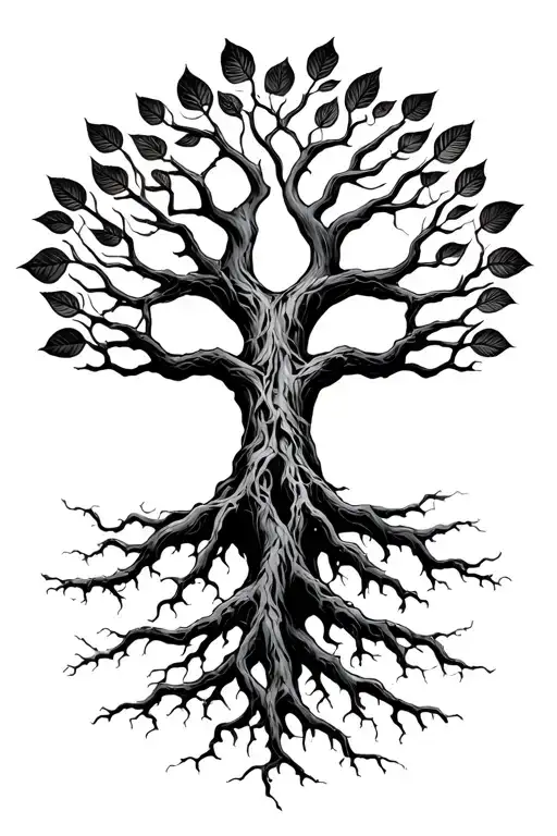 Yggdrasil With 3 Long Roots Reaching For The Nine Realms With Alot Of Leafs