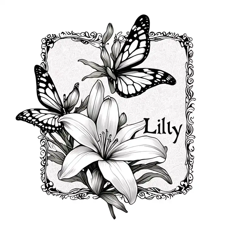 The Name Lilly With A Small Lily Entwined Lily Flower And Two Butterflies