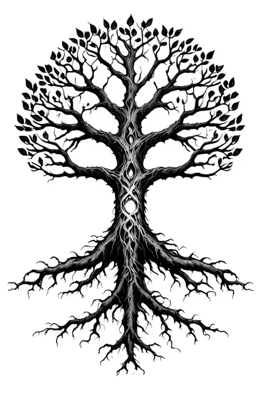 Yggdrasil With 3 Long Roots Reaching For The Nine Realms With Alot Of Leafs
