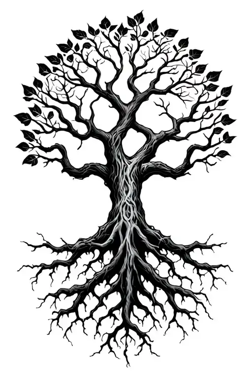 Yggdrasil With 3 Long Roots Reaching For The Nine Realms With Alot Of Leafs