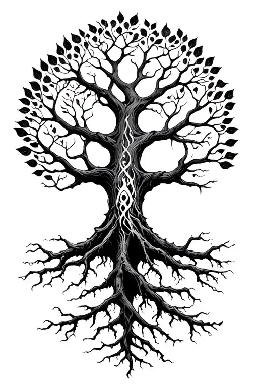 Yggdrasil With 3 Long Roots Reaching For The Nine Realms With Alot Of Leafs