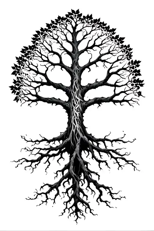Yggdrasil With 3 Long Roots Reaching For The Nine Realms With Alot Of Leafs