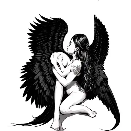 Human Hugging Her Both Legs Down With Big Wings