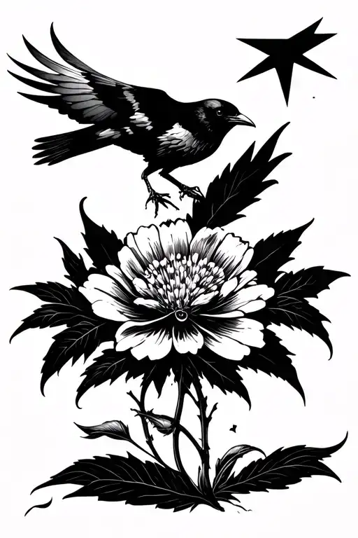 Crow Flying Above And Star Of Bethlehem Flower Negative Space