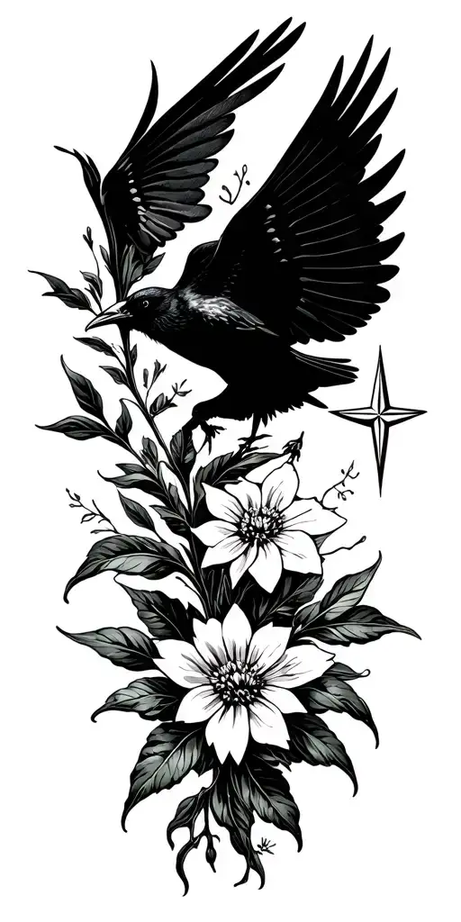 Crow Flying Above And Star Of Bethlehem Flower Negative Space