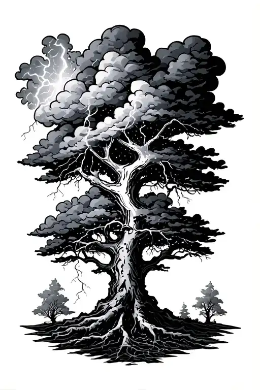 Poison Tree With Coulds Above It With Lighting Strike Coming Out Of The Clouds