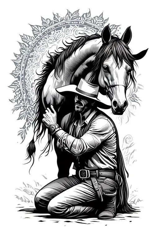 Cowboy With Horse Kneeling At Cross
