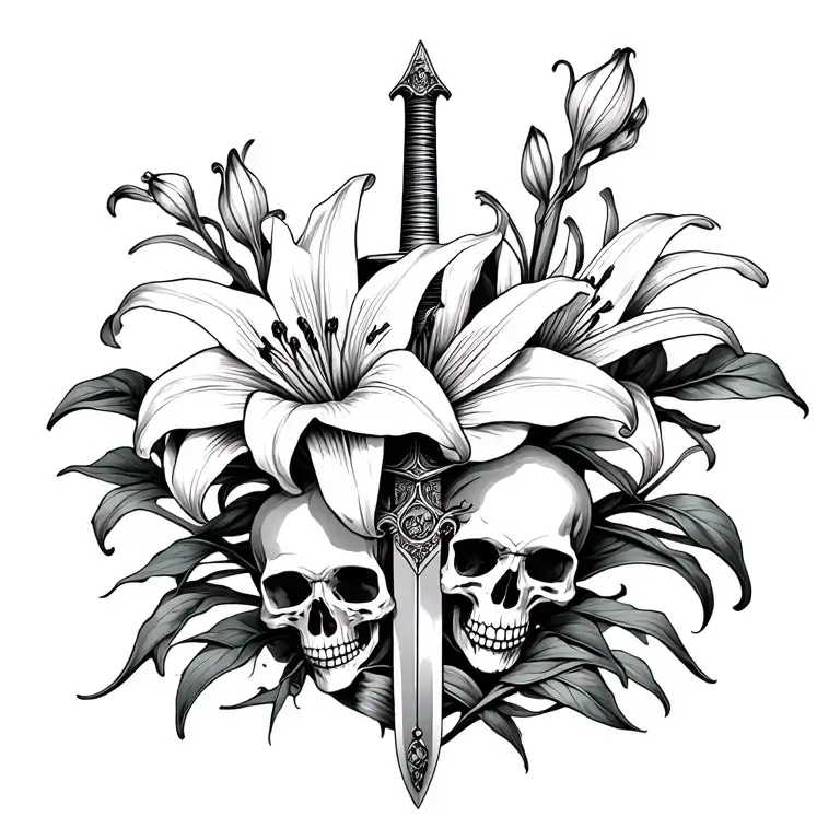 Red Lily Flower And Skulls With A Sword Intertwined