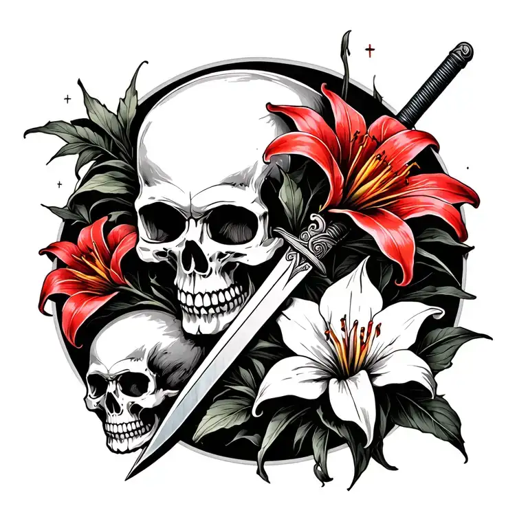 Japanese Red Lily Flower And Skulls With A Sword Intertwined