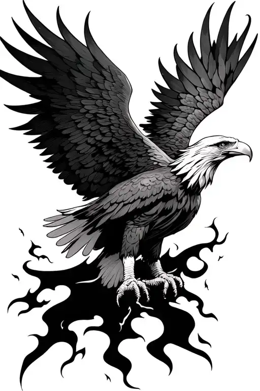 N Eagle With Wings Spread And Thunder And Fire Flames