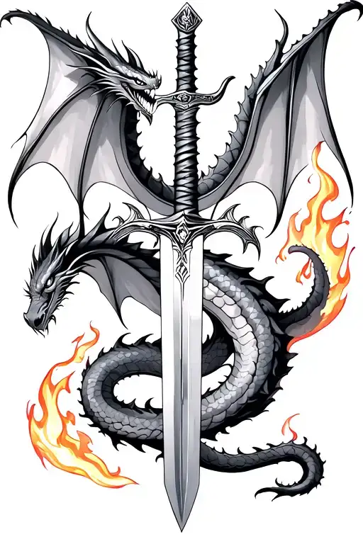 Dragon Spread Behind A Sword With Tail Wrapped Around It With Fire