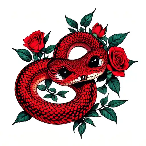 A Red Snake With Black Eyes That Has Red Roses Around It