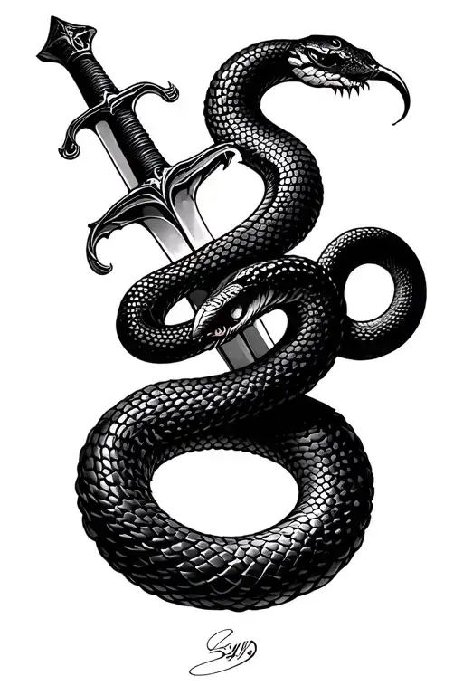Snake And Sword With Signature