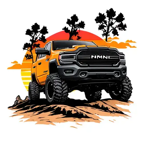 Lifted Ram Truck In A Sunset