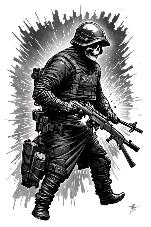 The Grim Reaper Wearing Fast Mt Combat Helmet And Combat Vest And Welding A Ak Skipping In The Night