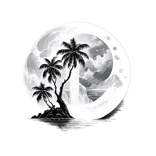 Palm Trees Moon Waterfall