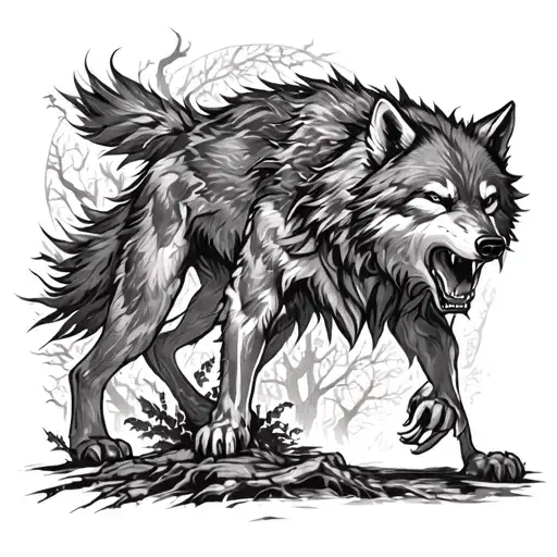 A Fierce Wolf Battling Inner Demons In A Dark Forest