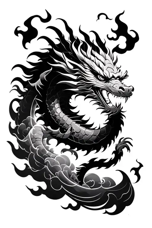 Asian Dragon With Clouds And Flames Surrounding