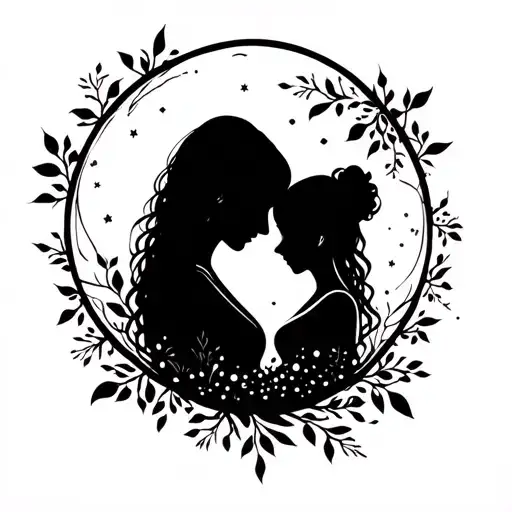 Moon Shining With Mother And Daughter Silhouette Intertwined
