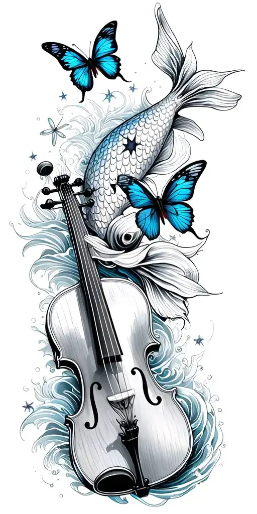 Stars Butterflies Koi And A Violin With Waves Background