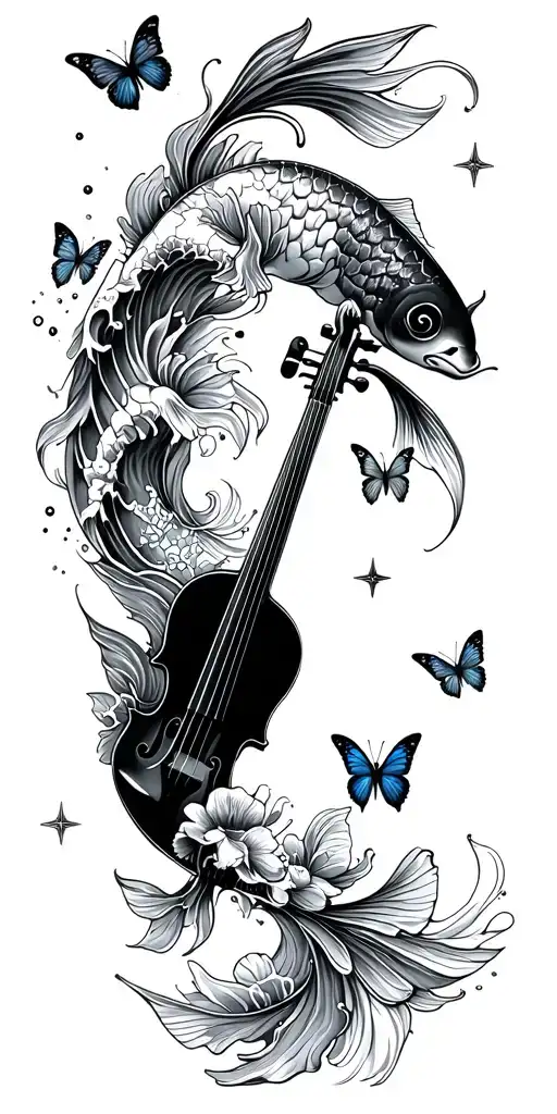Waves Background With Violin Koi Fish Stars And Butterflies Blended In
