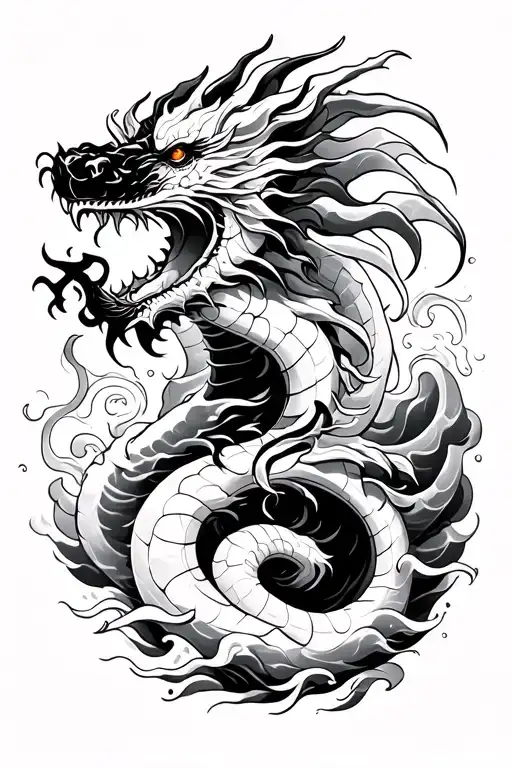 Black And White Dragon Smoking With Waves On The Background For