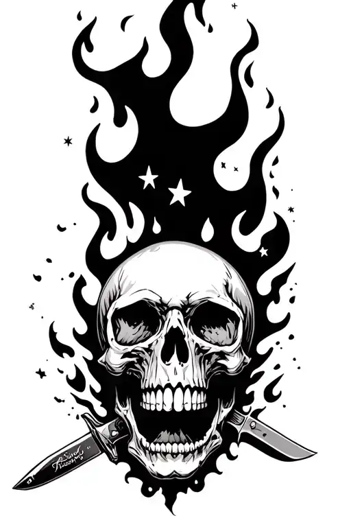 A Skull On Fire With Stars As Flame With A Knife Going Through Is Head And Out Of Its Mouth