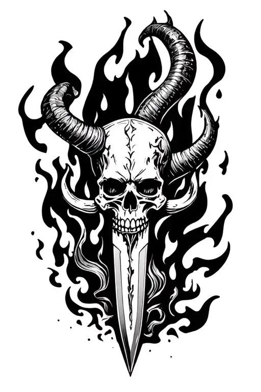 A Vertical Knife With A Skull With Demon Horns As The Hilt On Fire