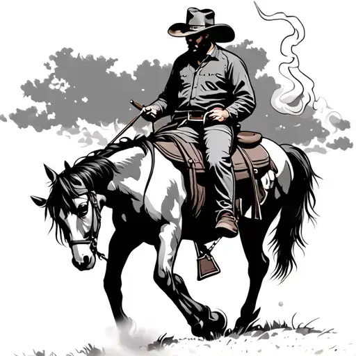 Cowboy Riding A Horse With Its Head Down While Smoking Cigarette