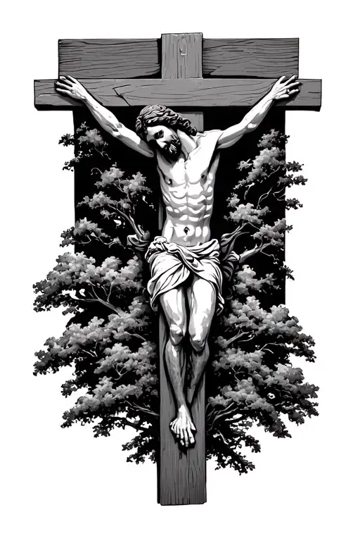 Jesus On The Cross Looking Up With A Dark Sky Behind