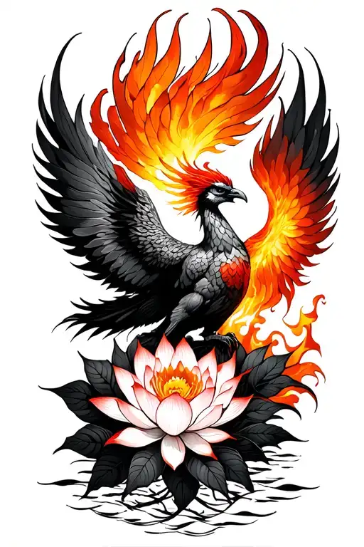 Fiery Phoenix Rising With Lotus Flowers