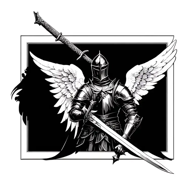 Knight With Medieval Armor With White Angel Wings In His Hands Holds A Sword