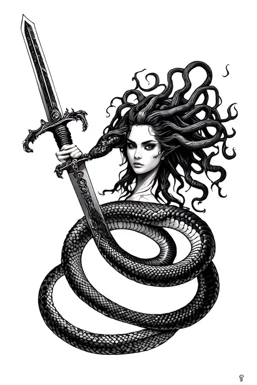 Full Body Half Snake Half Human Medusa Holding A Samurai Sword
