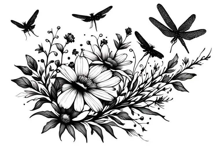 Wildflowers And Dragonflies Black Silhouette