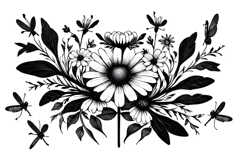 Wildflowers And Dragonflies Black Silhouette